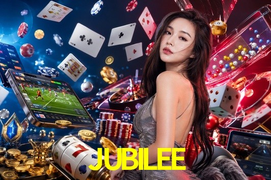 Una escena digital vívida inspirada en casino con JUBILEE mostrado prominentemente, luces brillantes, fichas, cartas y acentos dorados.